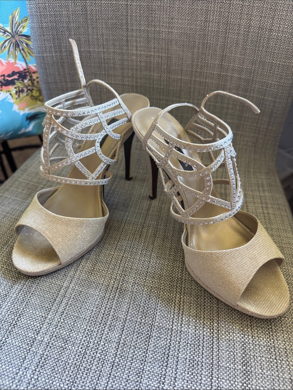 Caparros Gold Glitter Strappy Rhinestone Heels